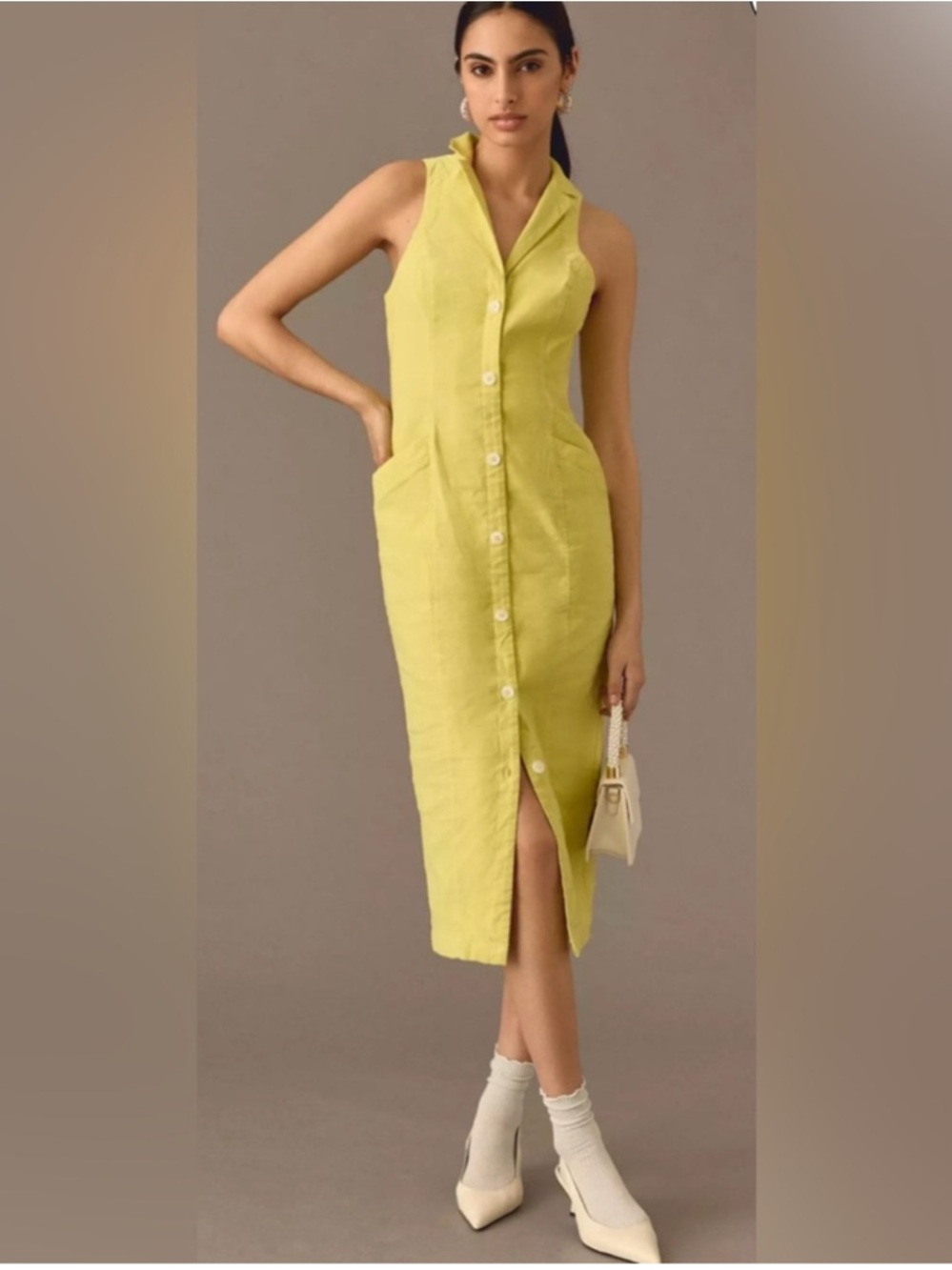 Anthropologie Lime Green Sleeveless Button-Front Midi Dress